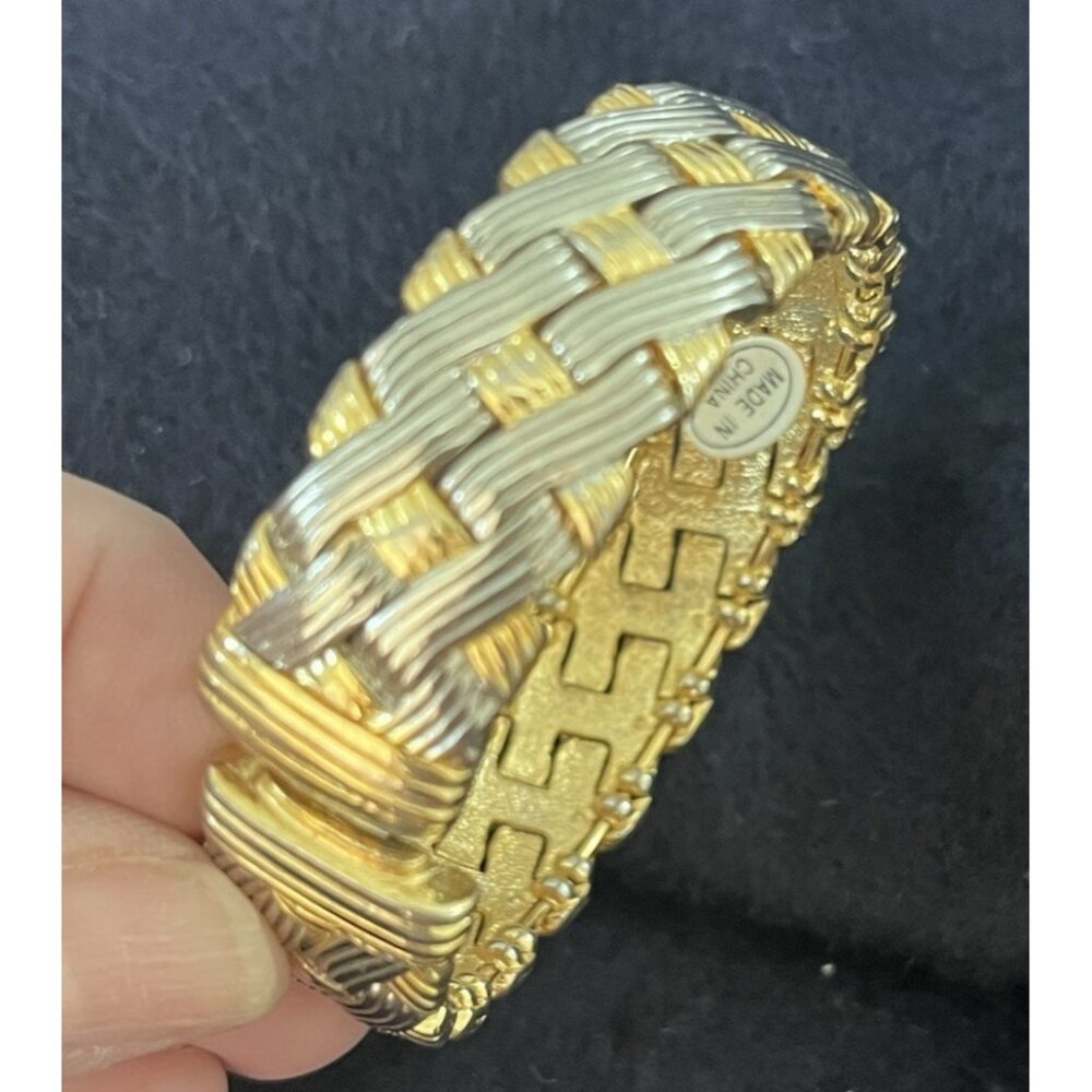 Vtg 90s basketweave braided bracelet cuff bangle gold silver New adjustable - Picture 2 of 13